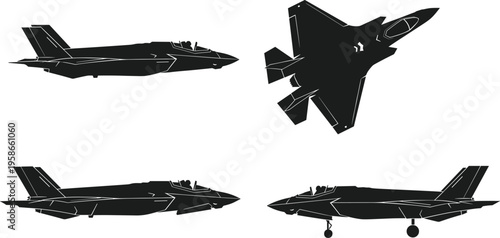 Modern stealth fighter jet silhouettes set, military aircraft vector illustration, multiple angles side top landing views, aviation design isolated black shapes