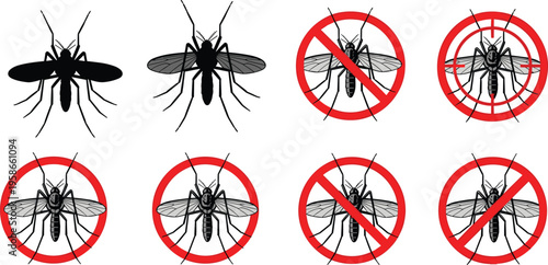 Mosquito silhouette set with prohibition symbols, insect control warning icons vector illustration, pest prevention signs collection isolated on white background, health protection concept
