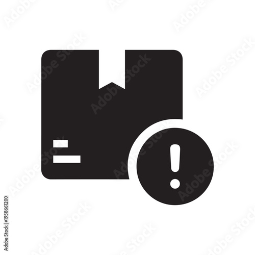 Soiled black single package tracking delivery exclamation mark icon, pack safety alert flat design pictogram concept vector for app ads web button ui ux interface elements isolated on white background