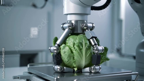 Gentle robotic arm precisely manipulates a vibrant head of lettuce, showcasing the future of automated food handling in a pristine environment