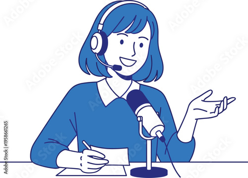 Female podcast host speaking into a microphone with a headset on
