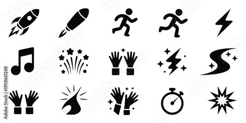 Speed, competition, success, and celebration icons collection including rocket, runner, lightning, music, and fireworks symbols