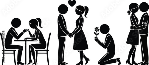Black silhouettes illustrate different stages of a romantic relationship between a man and a woman