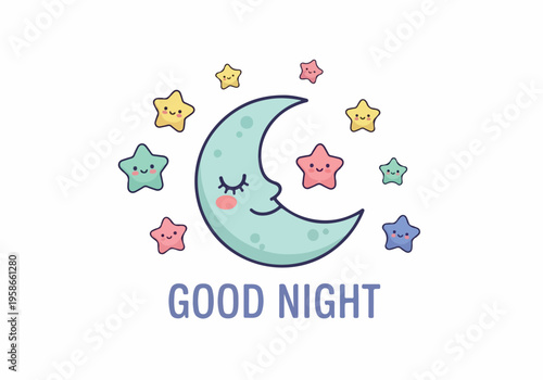 Cute smiling crescent moon with closed eyes surrounded by colorful stars and the text 'GOOD NIGHT' on a white background, ideal for children's bedtime stories and nursery decor