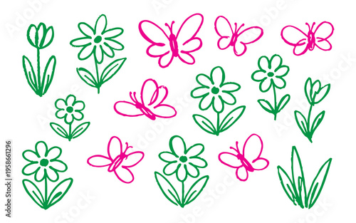 Cute Floral and Butterfly Line Icon Set Minimal Spring Nature Doodle Collection