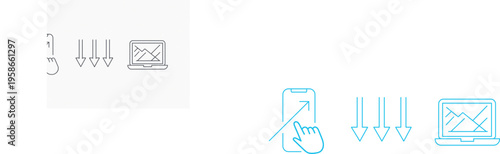 Smartphone touchscreen gestures and laptop display with line chart icons in blue outline
