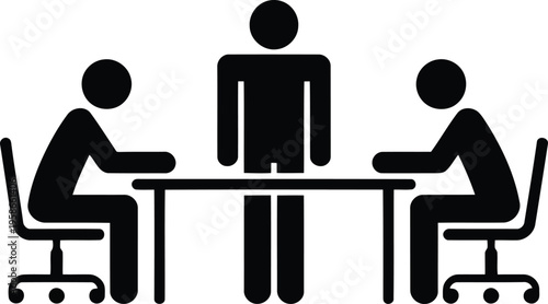 Three simple stick figures are depicted engaging in a professional meeting or business discussion around a table