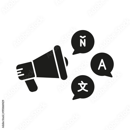 Megaphone With Multilingual Speech Bubbles Solid Icon. Global Communication, Language Translation, And Multilingual Marketing Silhouette Symbol. Isolated Vector Illustration