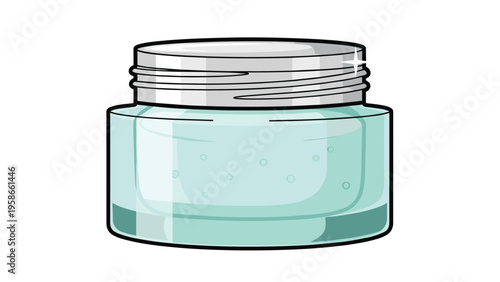 Translucent glass jar filled with refreshing light blue gel or face cream with small bubbles and a silver metallic screw cap.