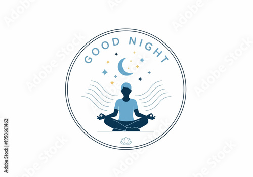 Good Night Meditative Man with Stars and Crescent Moon Overhead in Circle Icon