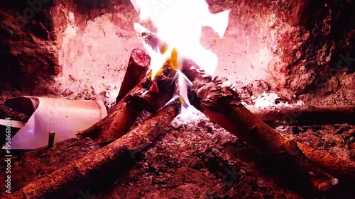 Warmth of a Roaring Fire in a Stone Hearth at Night