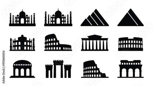 Collection of iconic black silhouette monument and landmark illustrations on white background