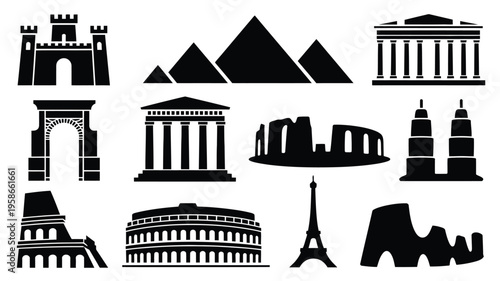 Collection of iconic landmarks and famous buildings in black silhouette on white background for design and travel concepts