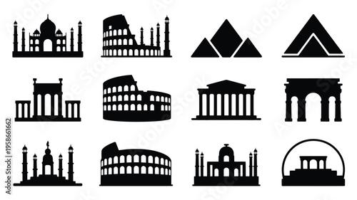 Collection of iconic black silhouette monument and landmark illustrations on white background