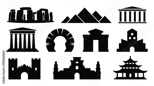 Collection of iconic architectural landmarks and monuments in black silhouette on white background