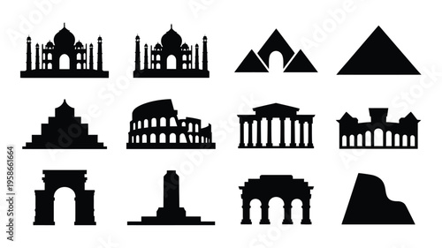 Collection of famous landmark silhouettes iconic monuments and structures from around the world black icons on white background