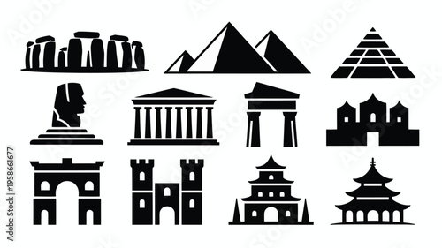 Black vector illustration set featuring famous landmarks and monuments from around the world on white background