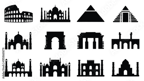 Silhouettes of ancient world monuments and architectural landmarks in black on white background