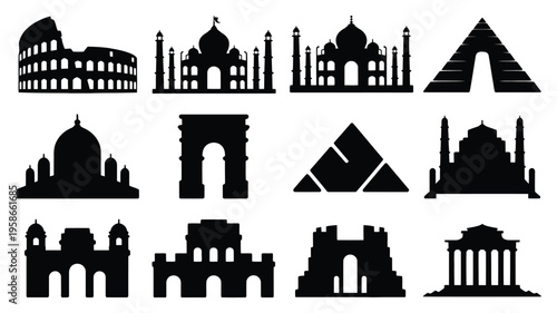 Silhouettes of ancient world monuments and famous landmarks in black on white background