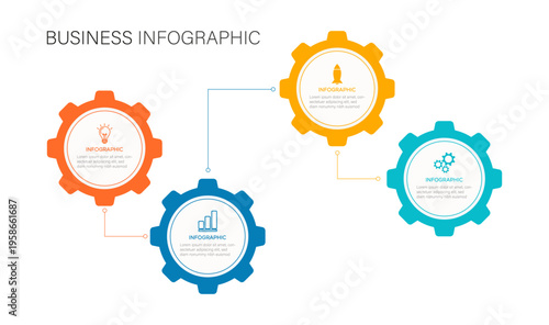 Business infographic template with 4 options gear shape. Modern timeline with cogwheels for business concept, chart, diagram, web, banner. marketing infographic 4 point stage template with gear shape.