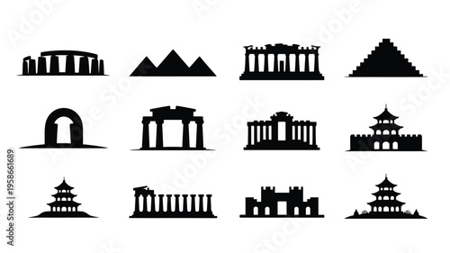 Set of black silhouettes of famous heritage monuments and landmarks from around the world on white background