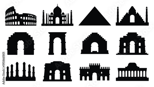 Silhouettes of ancient world monuments and architectural landmarks in black on white background