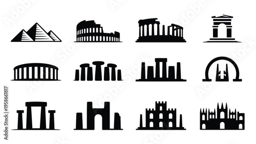 Collection of ancient monument silhouettes famous landmarks and architectural icons in black