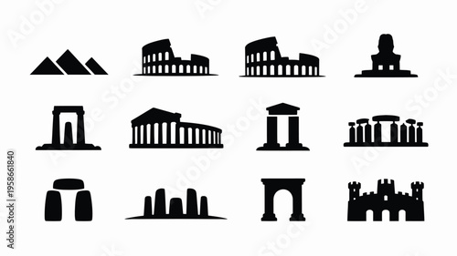Collection of iconic architectural landmarks and monuments in minimalist vector design