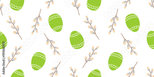 Seamless pattern with green Easter eggs and willow branches on a white background for textile, fabric, wrapping paper