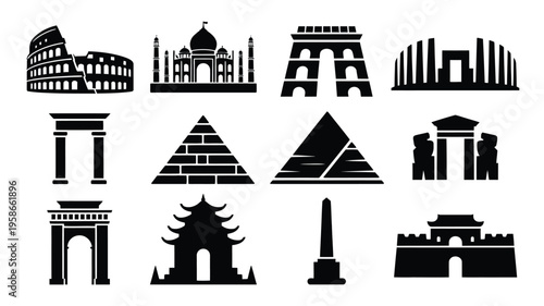 Collection of iconic historical monument silhouettes from around the world on white background