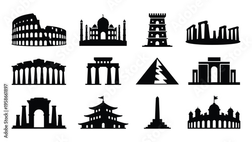 Collection of iconic landmarks and monuments in black silhouette on white background for design and decoration