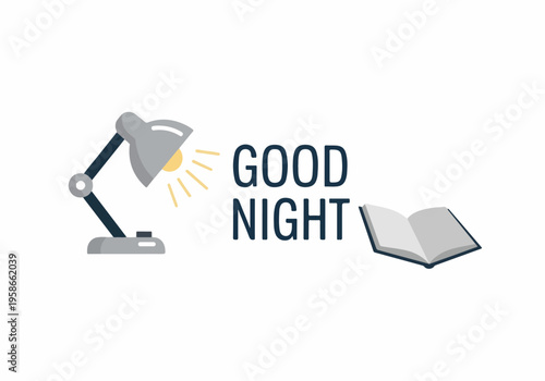 Good Night Text with Desk Lamp and Open Book Symbolizing Rest and Reading Before Sleep