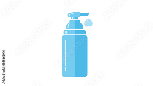 Minimalist blue dispenser bottle with a pump head and a small cloud of foam illustrating a skin care or hygiene product icon.