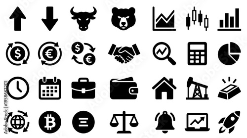 Collection of finance and business icons representing stock market growth investment and economic concepts with bull and bear symbols
