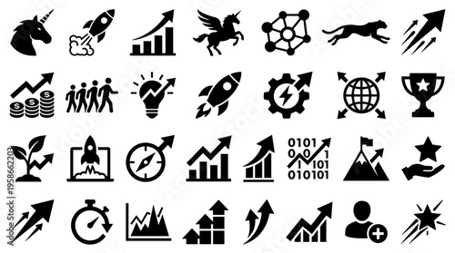 Collection of business growth and success icons including rockets unicorns graphs and achievements symbolizing startup progress and financial development