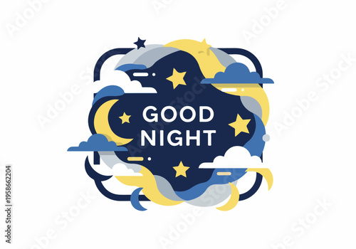 Good Night - Whimsical illustration of a starry sky with clouds and a crescent moon, perfect for bedtime stories and sweet dreams