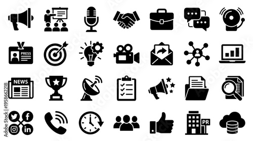 Collection of business and communication icons representing marketing strategy, networking, public relations, and digital media concepts