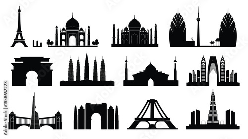 Collection of iconic world monument and building silhouettes in black on white background for design