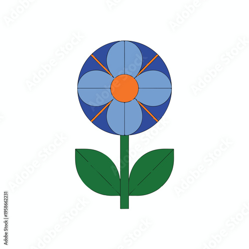 Colorful vector illustration of a floral pinwheel and butterfly on a white background with summer rainbow petals and green leaves under a blue sky
