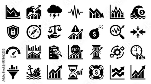 Collection of business and finance icons representing growth risk and financial success with charts graphs and symbols
