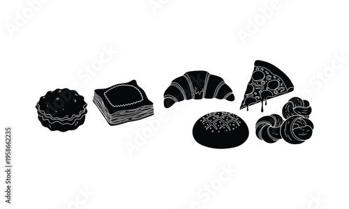 Assorted stylized black and white baked goods and pizza slice illustration