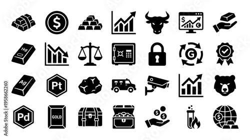 Financial investment and wealth management icons representing gold bars coins safe security and market growth concepts