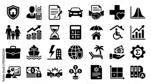 Collection of insurance and finance icons representing security protection investment growth and business concepts