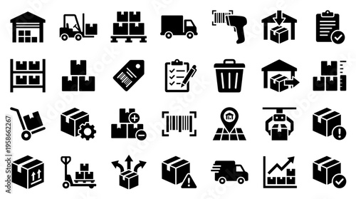 Logistics and supply chain icons representing warehousing delivery transportation and inventory management concepts