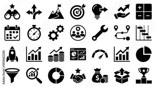 Collection of business strategy icons representing growth planning success teamwork and project management concepts