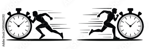 Speed runner starting, stopwatch silhouette, man sprinting towards finish line, minimal line art vector illustration for track and field, fitness apps