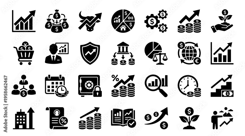 Fototapeta premium Collection of business and finance icons representing growth investment strategy and financial success with charts graphs and money symbols