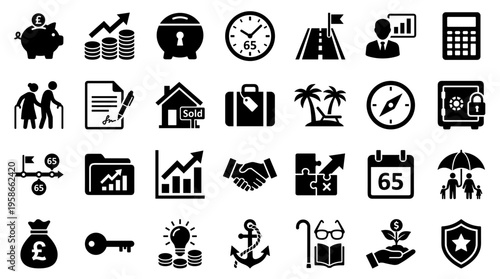 Collection of financial and business icons representing savings investment retirement planning and success concepts on a white background