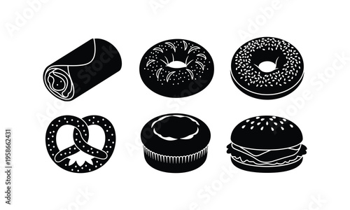 Black and white illustration of classic breakfast and snack foods