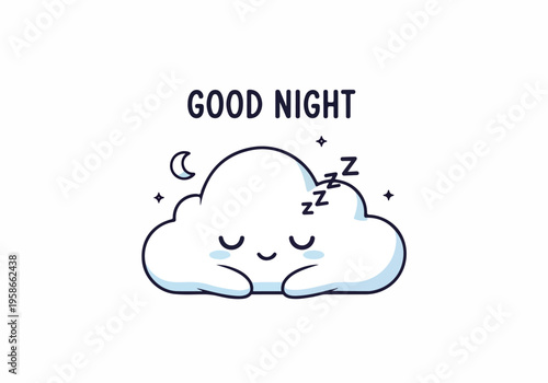 Cute sleepy cloud with crescent moon and stars, wishing good night with 'Zzz' symbols representing peaceful slumber and dreams